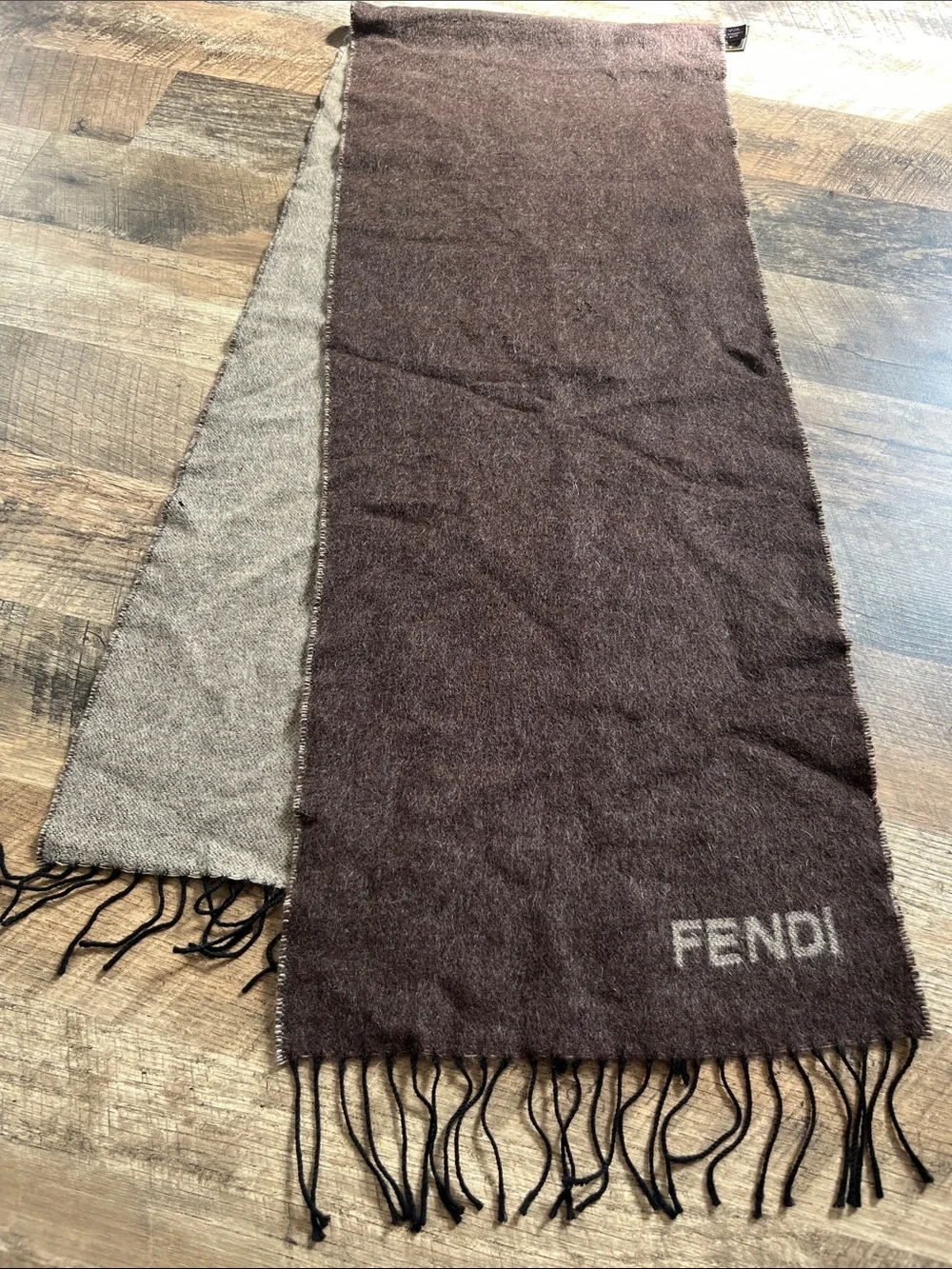 Fendi Brown and Cream Logo Fringe Wool Scarf